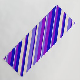 [ Thumbnail: Beige, Medium Slate Blue, Dark Violet & Blue Colored Stripes Pattern Yoga Mat ]
