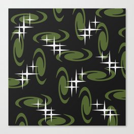Retro Atomic Age Swirls Stars Pattern Black Olive Green Canvas Print