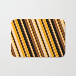 [ Thumbnail: Orange, Tan, Brown, and Black Colored Striped Pattern Bath Mat ]