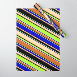 [ Thumbnail: Colorful Light Green, Blue, Tan, Chocolate & Black Colored Lines/Stripes Pattern Wrapping Paper ]