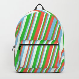 [ Thumbnail: Red, Sky Blue, Mint Cream, and Lime Green Colored Pattern of Stripes Backpack ]