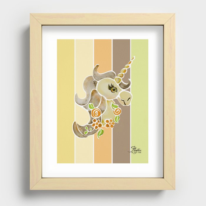 Unicorn Carousel Watercolor // Yellow Brown Barn Stripe Background Recessed Framed Print