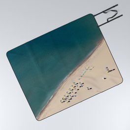 Aerial view of beach with umbrellas and beds in Greece  Picnic Blanket