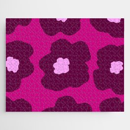 Large Pop-Art Retro Flowers in Wine Red on Pink Background  Jigsaw Puzzle