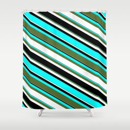 [ Thumbnail: Cyan, Dark Olive Green, White, and Black Colored Lined/Striped Pattern Shower Curtain ]