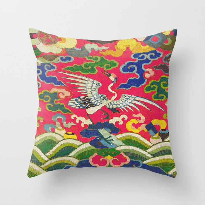 Colorful Vintage Chinese Dancing Crane Bird Design Throw Pillow