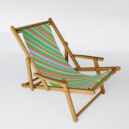[ Thumbnail: Lime Green, Red, and Light Sky Blue Colored Striped Pattern Sling Chair ]