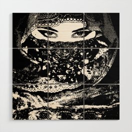 Exotic-eyed Mystery Lady (series) - Close-up of the Beautiful Eyes of a Young Woman Wearing a Bridal Hijab - Aesthetic Woman Portrait - Monochrome - Amazing Black and White Ink painting - Wood Wall Art