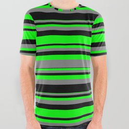 [ Thumbnail: Lime, Gray, and Black Colored Striped/Lined Pattern All Over Graphic Tee ]