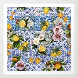 Sicilian dolce vita lemon and flowers tiles pattern Art Print