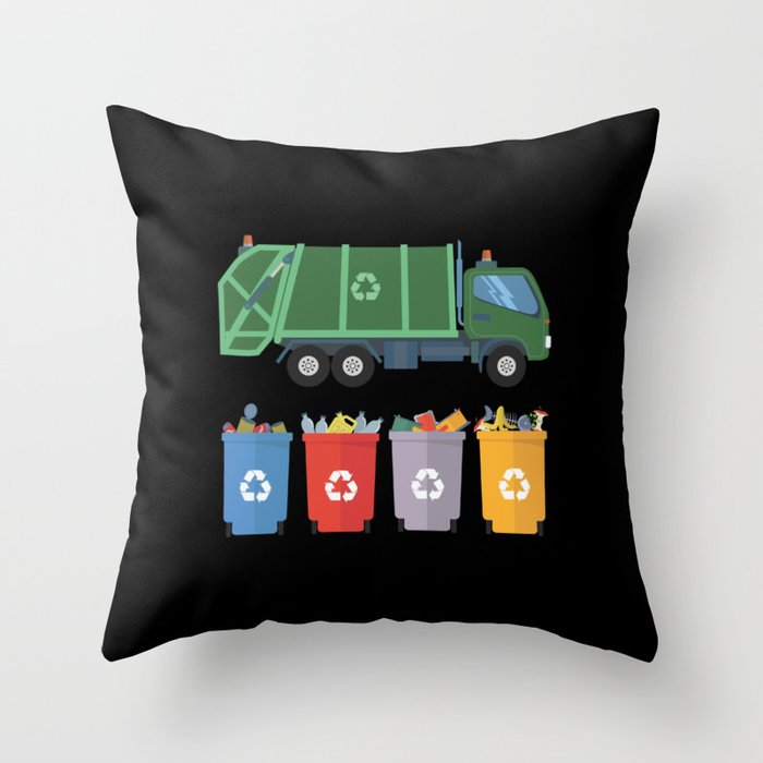 Garbage Truck Kids Trash Recycling Throw Pillow by CreativeDesigner