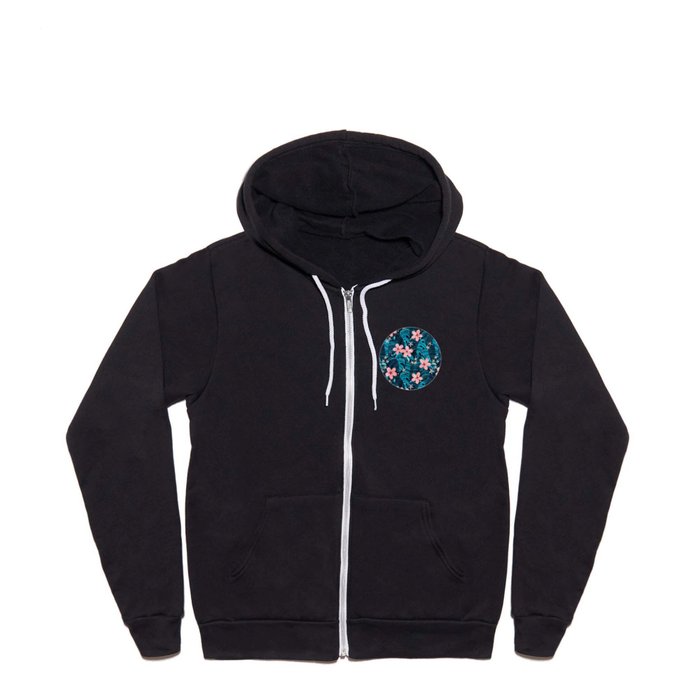 Midnight Tropical Garden in Cyan and Sapphire Blue Full Zip Hoodie