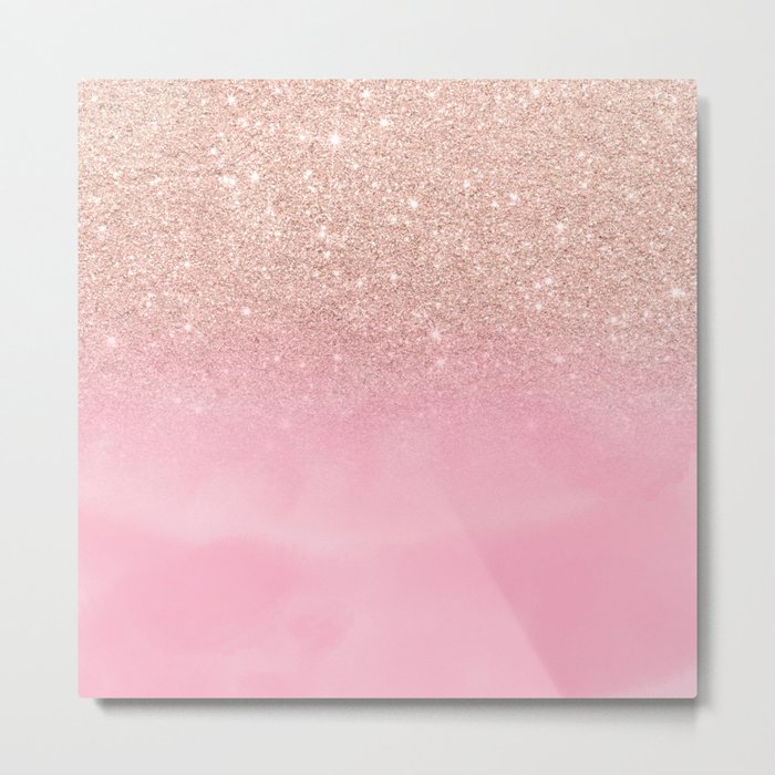 Modern rose gold glitter ombre hand painted pink watercolor Metal Print