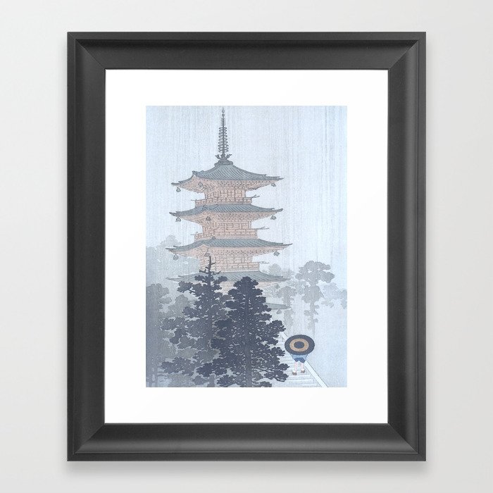 Man with Umbrella And Japanese Pagoda - Vintage Japanese Woodblock Print Art By Ohara Koson Framed Art Print