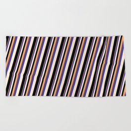 [ Thumbnail: Brown, Dark Slate Blue, Beige & Black Colored Striped Pattern Beach Towel ]