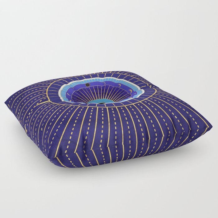Cobalt Blue Evil Eye Mandala  with Moon Phases Floor Pillow