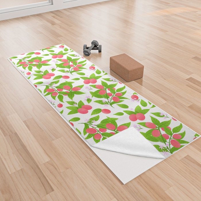 Pink and green berries botanical pattern Yoga Towel