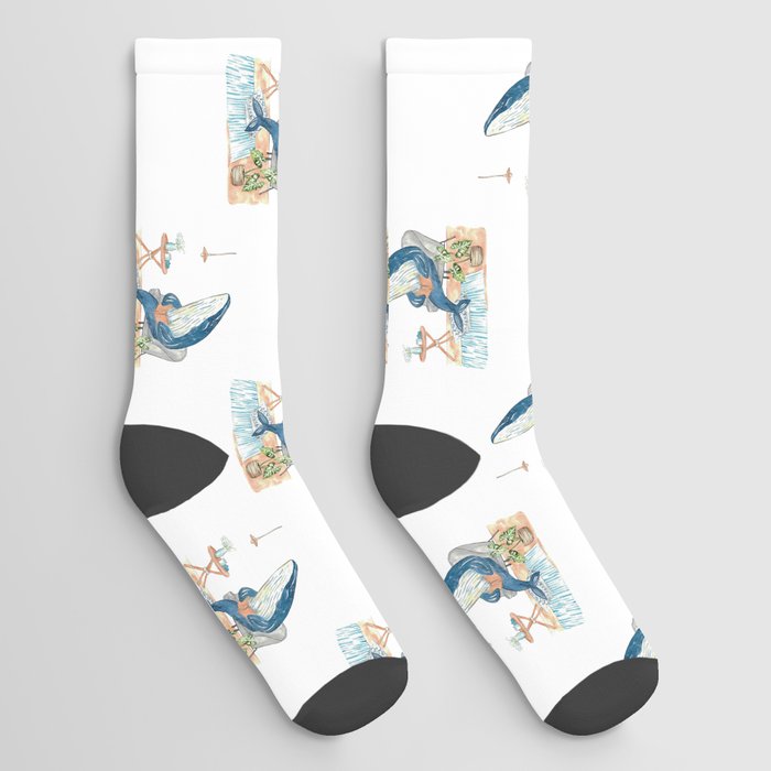 Humpback whale reading book watercolor painting Socks