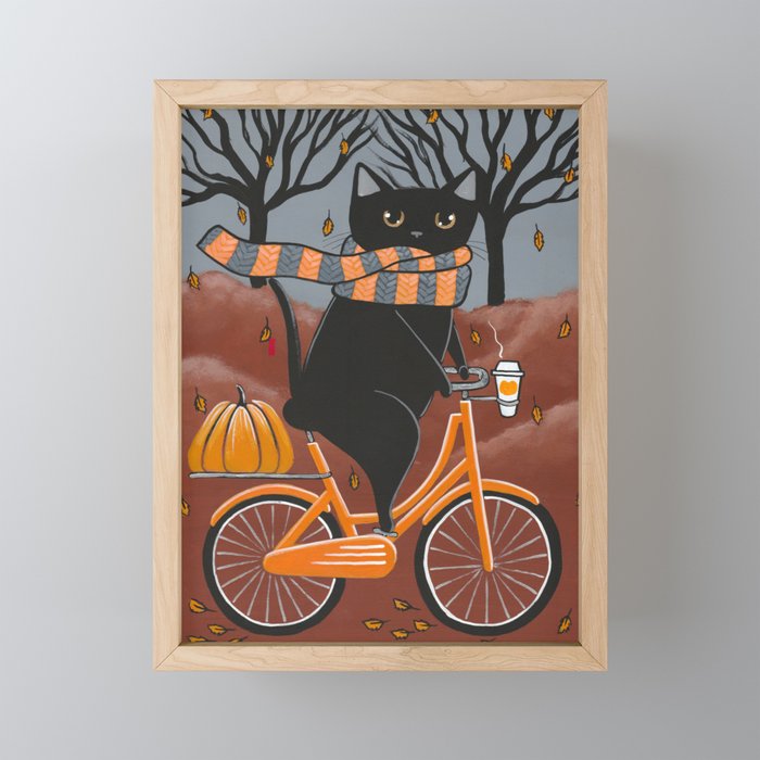 Black Cat Autumn Bicycle Ride Framed Mini Art Print