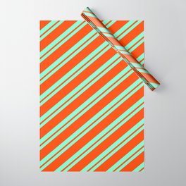 [ Thumbnail: Aquamarine and Red Colored Stripes Pattern Wrapping Paper ]