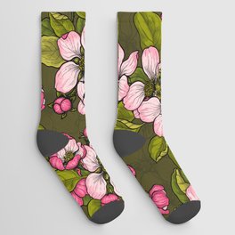 Apple blossom on dark green Socks