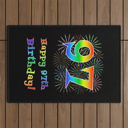 [ Thumbnail: 97th Birthday - Fun Rainbow Spectrum Gradient Pattern Text, Bursting Fireworks Inspired Background Outdoor Rug ]