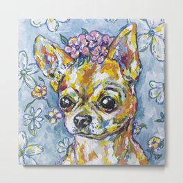 Fri the Chihuahua  Metal Print | Vintage, Animalart, Flowers, Frida, Pattern, Pop Art, Dog, Ink, Yellow, Floral 