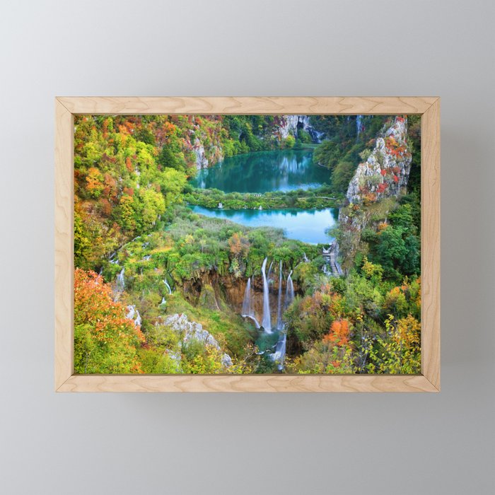 Autumn Landscape With Waterfall In Plitvice Lakes Framed Mini Art Print