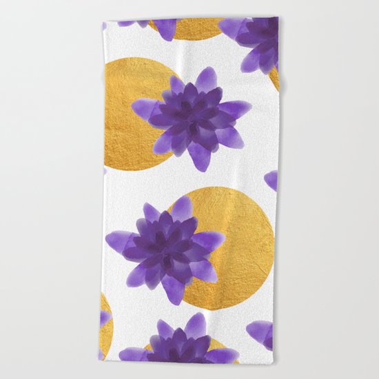 Reassurance // Violet Watercolor Flowers and Gold Spots Beach Towel