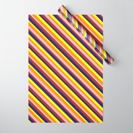 [ Thumbnail: Eye-catching Yellow, Dark Orange, Light Pink, Brown & Midnight Blue Colored Striped Pattern Wrapping Paper ]