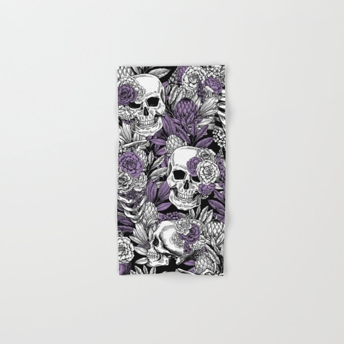 Skulls and Flowers Black Purple Violet Lavender White Vintage Gothic Floral Hand & Bath Towel