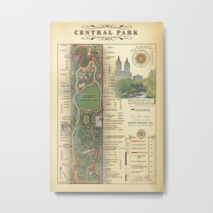 NYC's Central Park [Vintage Inspired] "San Remo" Running route map Metal Print