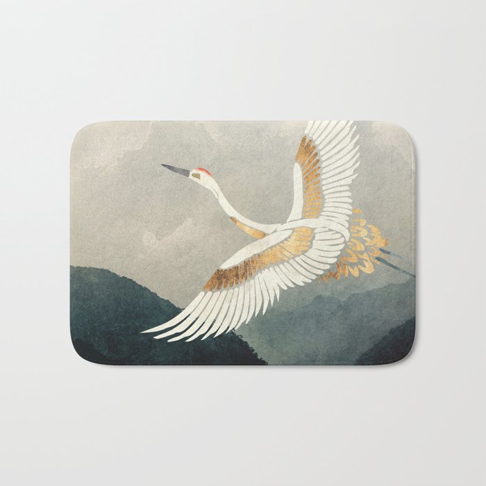 Elegant Flight Badematte | Graphic-design, Digital, Aquarell, Crane, Vogel, Flight, Berge, Reeds, Landscape, Natur