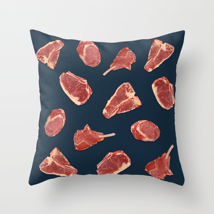 Pattern of fresh beef steaks over blue Throw Pillow