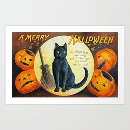 Merry Halloween Black Cat Art Print