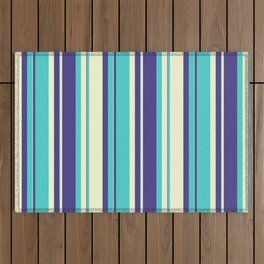 [ Thumbnail: Dark Slate Blue, Turquoise & Light Yellow Colored Striped/Lined Pattern Outdoor Rug ]