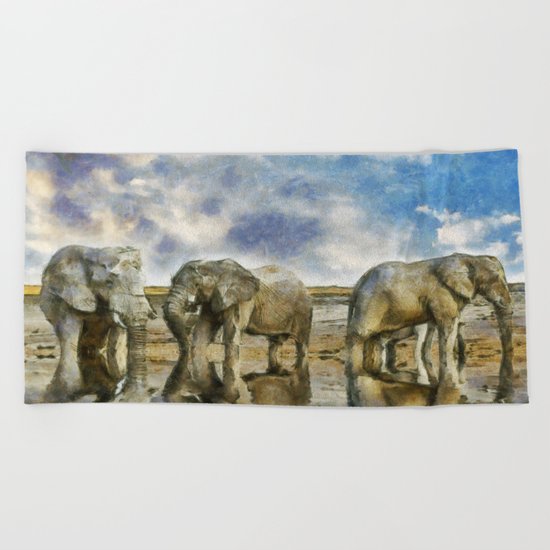 Elephants Drinking Beach Towel