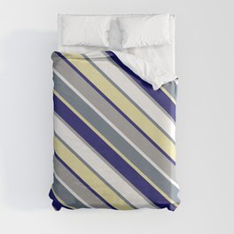 [ Thumbnail: Colorful Slate Gray, Pale Goldenrod, Midnight Blue, Dark Grey & White Colored Lined Pattern Duvet Cover ]