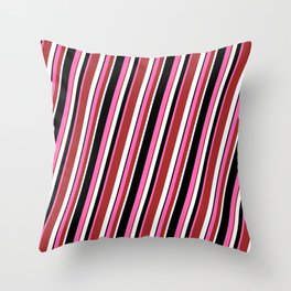 [ Thumbnail: Hot Pink, Brown, White & Black Colored Lined/Striped Pattern Throw Pillow ]