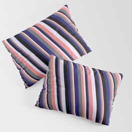[ Thumbnail: Eye-catching Lavender, Light Coral, Dim Gray, Midnight Blue & Black Colored Striped/Lined Pattern Pillow Sham ]