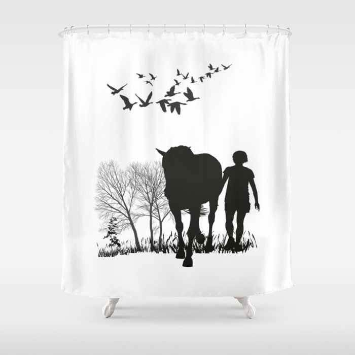 Woman on a nature trip with a horse Shower Curtain