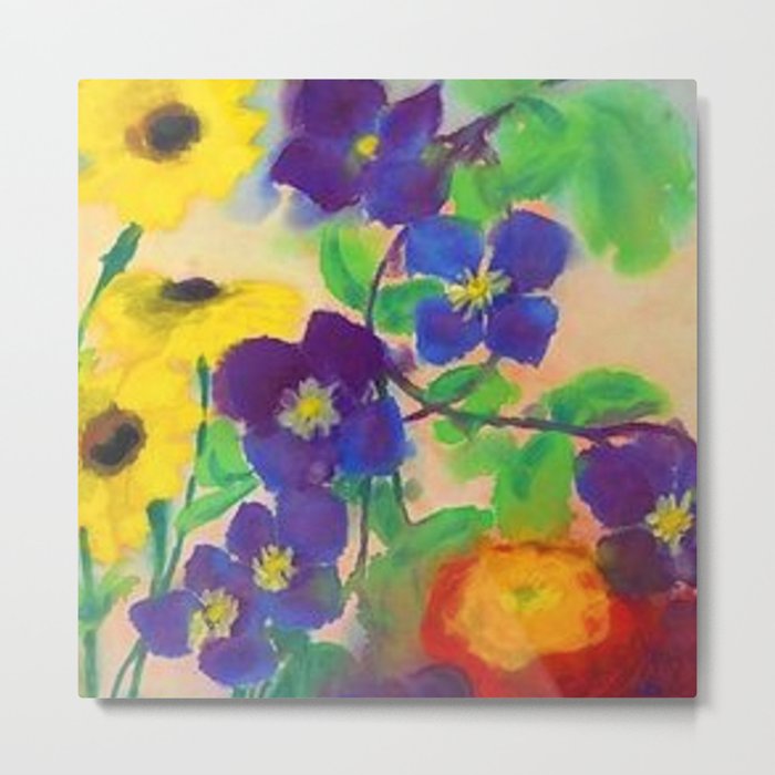 Sunflowers, violets, and peonies flower garden watercolor by Emil Nolde Metal Print