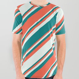 [ Thumbnail: Red, Mint Cream & Teal Colored Lines Pattern All Over Graphic Tee ]