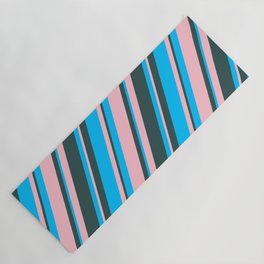[ Thumbnail: Deep Sky Blue, Pink & Dark Slate Gray Colored Stripes Pattern Yoga Mat ]