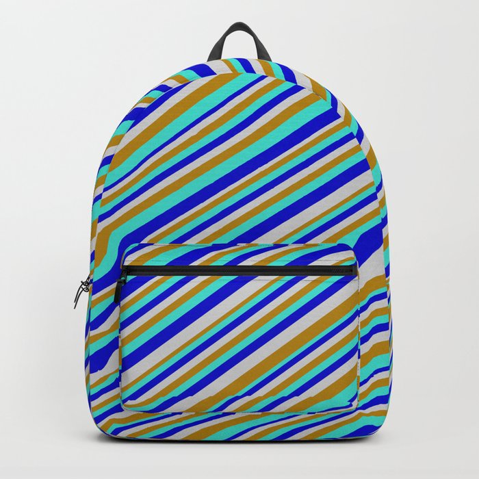 Turquoise, Blue, Light Gray & Dark Goldenrod Colored Pattern of Stripes Backpack