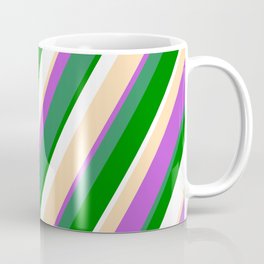[ Thumbnail: Tan, Orchid, Sea Green, Green & White Colored Stripes/Lines Pattern Coffee Mug ]