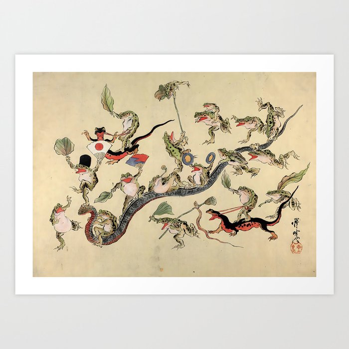 Kawanabe Kyosai. Frogs triumphing over snakes Art Print