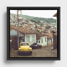 Brazil Photography - Old Street With An Old Yellow Car Framed Canvas
