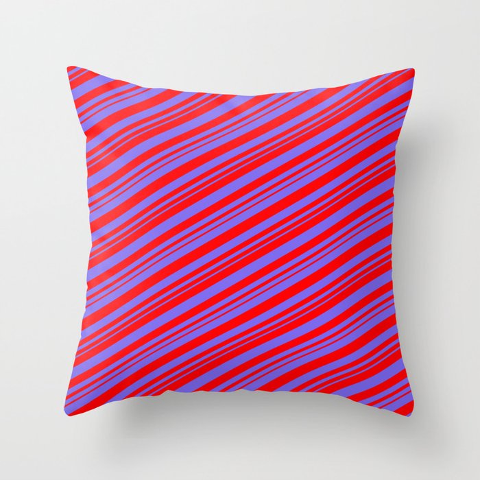 Medium Slate Blue and Red Colored Lined Pattern Throw Pillow