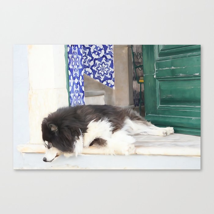 Wall art dog sleeping, street art, Portugal street, I'm lazy today......street dog and azulejos Canvas Print